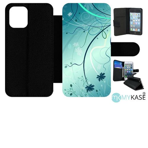 Etui  Rabat Iphone 12 Mini - Abstrait Turquoise Fleur - Simili-Cuir - Noir