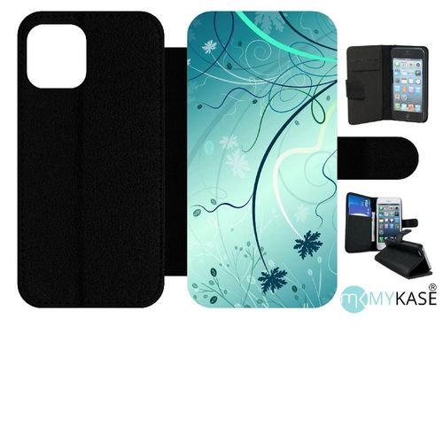 Etui  Rabat Iphone 12 - Abstrait Turquoise Fleur - Simili-Cuir - Noir
