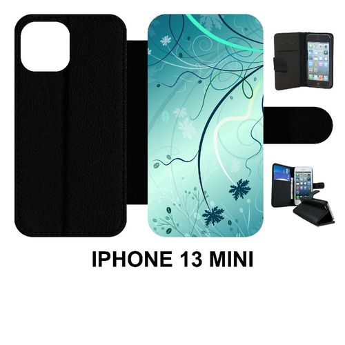 Etui  Rabat Iphone 13 Mini - Abstrait Turquoise Fleur - Simili-Cuir - Noir