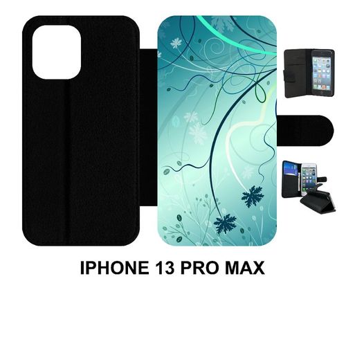 Etui  Rabat Iphone 13 Pro Max - Abstrait Turquoise Fleur - Simili-Cuir - Noir