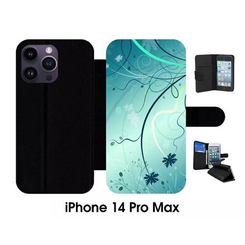 Etui  Rabat Iphone 14 Pro Max - Abstrait Turquoise Fleur - Simili-Cuir - Noir