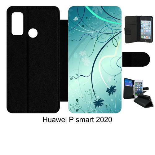 Etui  Rabat Huawei P Smart 2020 - Abstrait Turquoise Fleur - Simili-Cuir - Noir