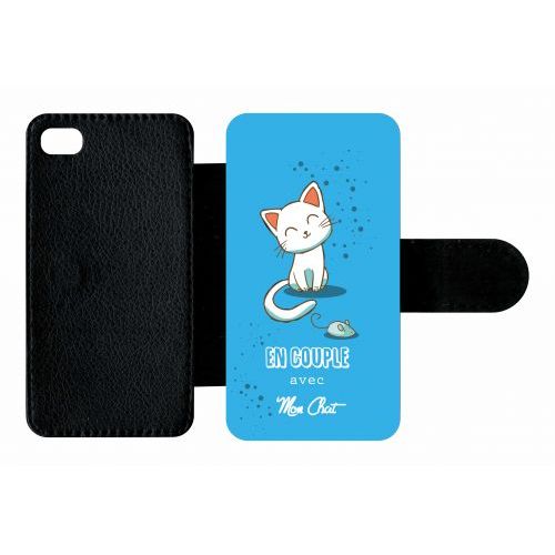 Etui A Rabat - En Couple Avec Mon Chat Fond Bleu - Compatible Avec Apple Iphone 4s - Plastique - Bord Noir