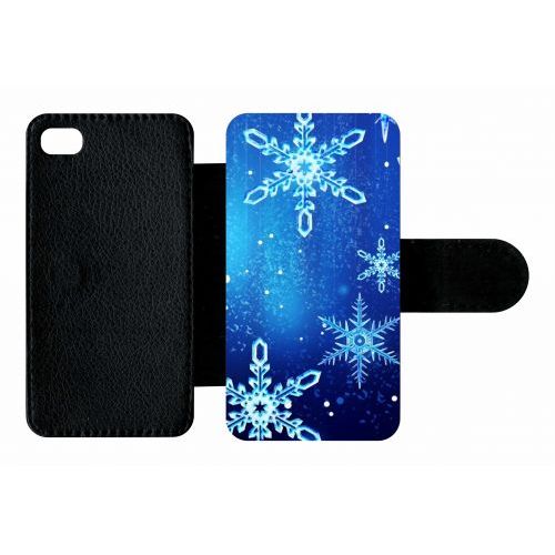 Etui A Rabat - Flocon De Neige Fond Bleu Nuit - Compatible Avec Apple Iphone 4s - Plastique - Bord Noir