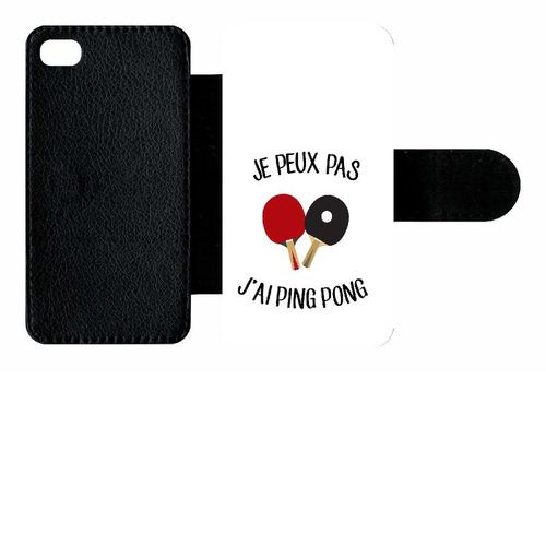 Etui A Rabat - Je Peux Pas J Ai Ping Pong Fond Blanc - Compatible Avec Apple Iphone 4s - Simili-Cuir - Bord Noir