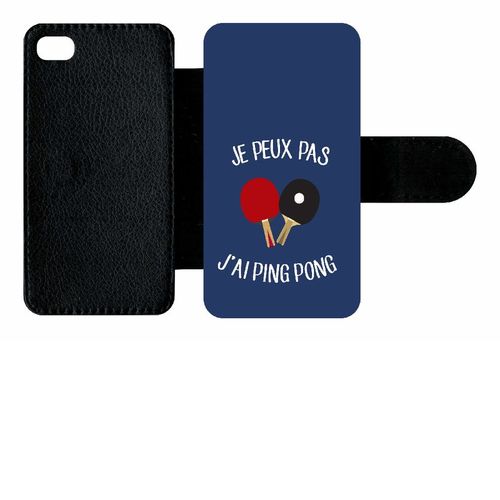 Etui A Rabat - Je Peux Pas J Ai Ping Pong Fond Bleu - Compatible Avec Apple Iphone 4s - Simili-Cuir - Bord Noir