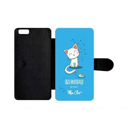 Etui A Rabat - En Couple Avec Mon Chat Fond Bleu - Compatible Avec Apple Iphone 6 Plus - Plastique - Bord Noir