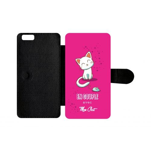 Etui A Rabat - En Couple Avec Mon Chat Fond Rose - Compatible Avec Apple Iphone 6 Plus - Plastique - Bord Noir