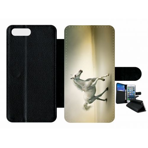 Etui  Rabat Iphone 7+ - Cheval Blanc En Course - Simili-Cuir - Noir