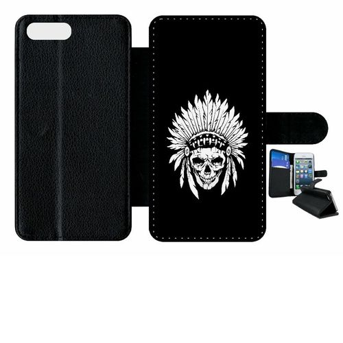 Etui A Rabat - Tete De Mort Coiffe Indienne Noir Et Blanc - Compatible Avec Apple Iphone 7+ - Simili-Cuir - Bord Noir