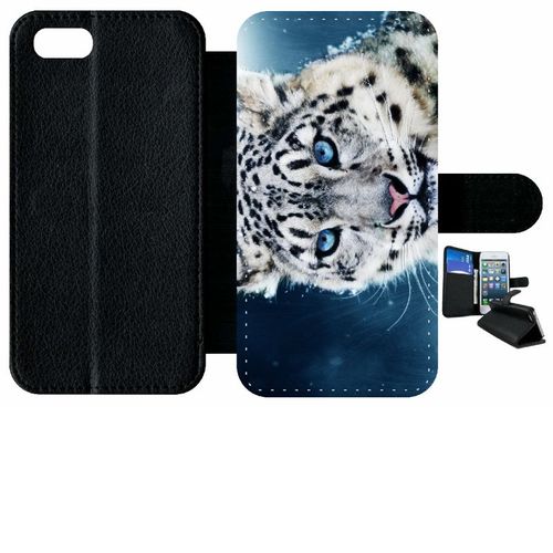 Etui  Rabat Iphone 8 - Tigre Blanc Yeux Bleus - Simili-Cuir - Noir