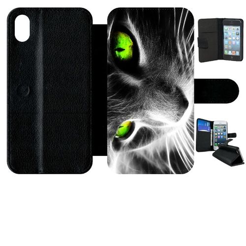 Etui  Rabat Iphone Xr - Chat Noir Et Blanc Yeux Vert - Simili-Cuir - Noir