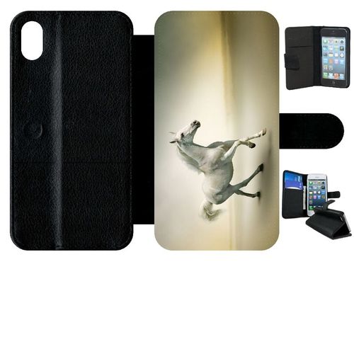 Etui  Rabat Iphone Xr - Cheval Blanc En Course - Simili-Cuir - Noir