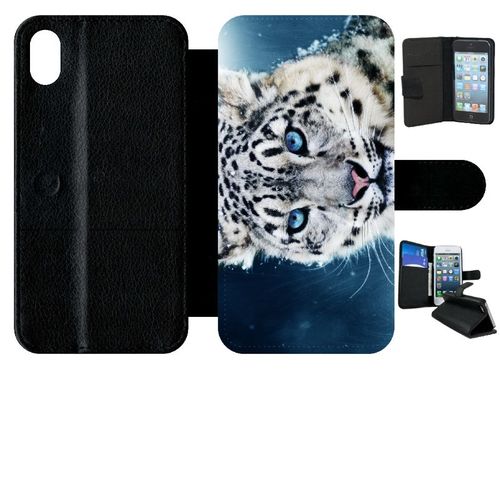 Etui  Rabat Iphone Xr - Tigre Blanc Yeux Bleus - Simili-Cuir - Noir