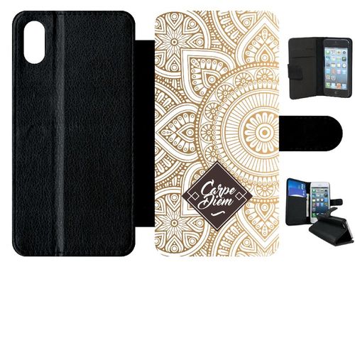 Etui A Rabat - Carpe Diem Modif Orient Fond Blanc - Compatible Avec Apple Iphone Xs Max - Simili-Cuir - Bord Noir