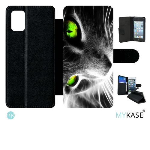 Etui  Rabat Galaxy A51 - Chat Noir Et Blanc Yeux Vert - Simili-Cuir - Noir