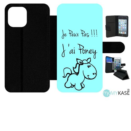Etui  Rabat Iphone 12 Pro Max - Citation Poney Turquoise - Simili-Cuir - Noir