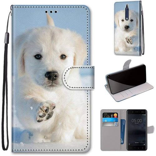 Etui  Rabat En Pu Cuir Pour Nokia 5 Flip Portefeuille Coque De Protection Avec Motif Charmant Pochette En Simili Cuir Etui A Rabat Carte Fentes Coque Nokia 5 2017 5.2-Pouces,Chiot De Neige