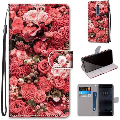 Etui  Rabat En Pu Cuir Pour Nokia 5 Flip Portefeuille Coque De Protection Avec Motif Charmant Pochette En Simili Cuir Etui A Rabat Carte Fentes Coque Nokia 5 2017 5.2-Pouces,Fleurs Rouges