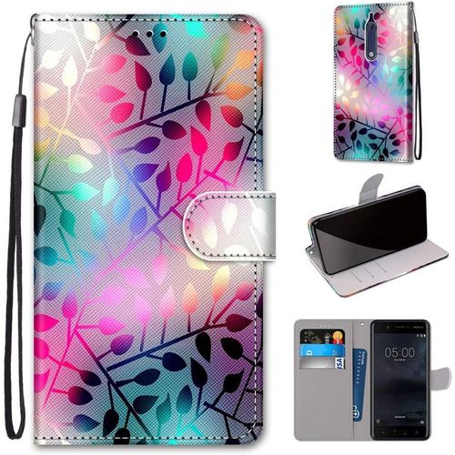 Etui  Rabat En Pu Cuir Pour Nokia 5 Flip Portefeuille Coque De Protection Avec Motif Charmant Pochette En Simili Cuir Etui A Rabat Carte Fentes Coque Nokia 5 5.2-Pouces,Feuilles Colores