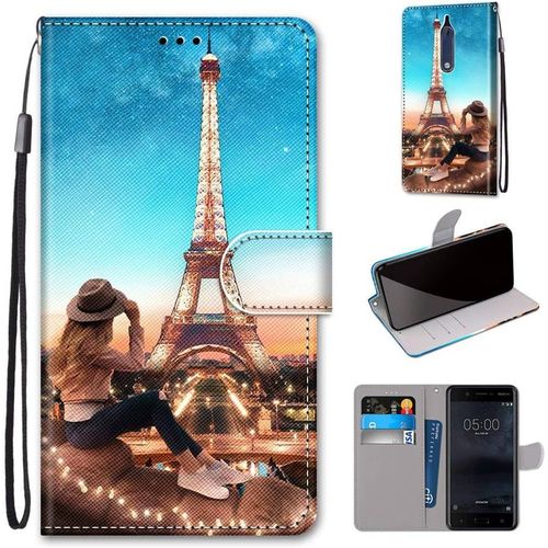 Etui  Rabat En Pu Cuir Pour Nokia 5 Flip Portefeuille Coque De Protection Avec Motif Charmant Pochette En Simili Cuir Etui A Rabat Carte Fentes Coque Nokia 5 5.2-Pouces,Tour De Fille Bleue
