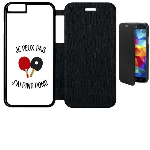 Etui A Flip Flap - Je Peux Pas J Ai Ping Pong Fond Blanc - Compatible Avec Apple Iphone 6 - Simili-Cuir - Bord Noir