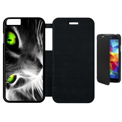 Etui Flip Flap Iphone 6s - Chat Noir Et Blanc Yeux Vert - Simili-Cuir - Noir