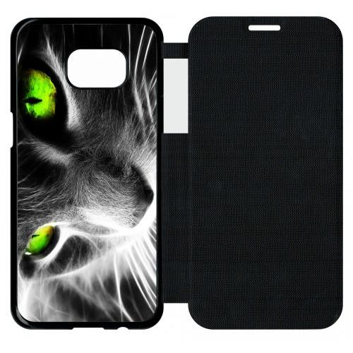 Etui Flip Flap Galaxy S7 Edge - Chat Noir Et Blanc Yeux Vert - Simili-Cuir - Noir