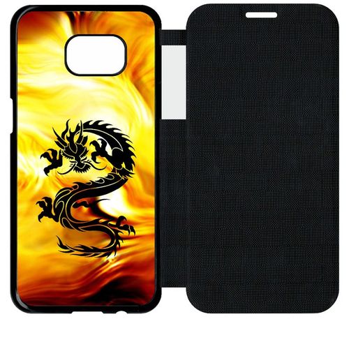 Etui A Flip Flap - Dragon Tribal Fond Flamme - Compatible Avec Samsung Galaxy S7 Edge - Simili-Cuir - Bord Noir