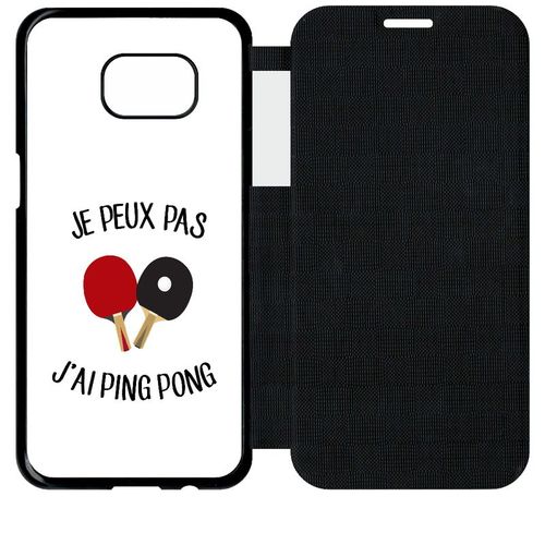 Etui A Flip Flap - Je Peux Pas J Ai Ping Pong Fond Blanc - Compatible Avec Samsung Galaxy S7 Edge - Plastique - Bord Noir