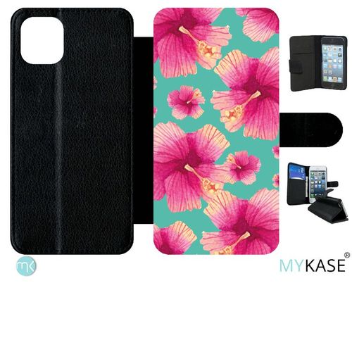 Etui  Rabat Iphone 11 Pro Max - Hibiscus Fond Turquoise - Simili-Cuir - Noir