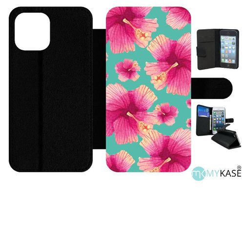 Etui  Rabat Iphone 12 Pro Max - Hibiscus Fond Turquoise - Simili-Cuir - Noir