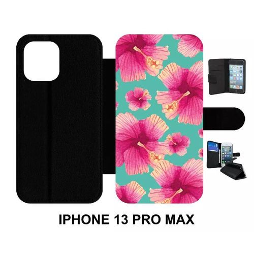Etui  Rabat Iphone 13 Pro Max - Hibiscus Fond Turquoise - Simili-Cuir - Noir