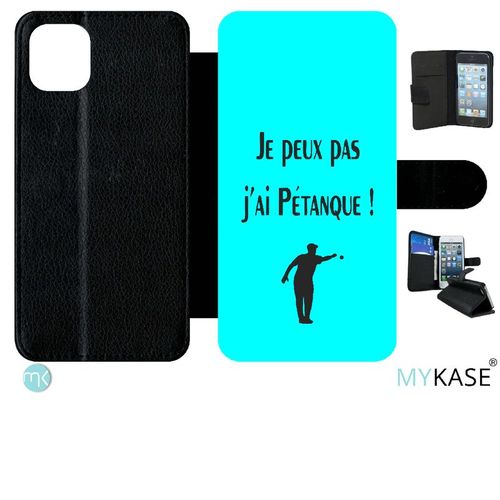 Etui  Rabat Iphone 11 Pro Max - Je Peux Pas J Ai Petanque Turquoise - Simili-Cuir - Noir