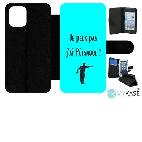 Etui  Rabat Iphone 12 Mini - Je Peux Pas J Ai Petanque Turquoise - Simili-Cuir - Noir