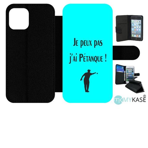 Etui  Rabat Iphone 12 - Je Peux Pas J Ai Petanque Turquoise - Simili-Cuir - Noir