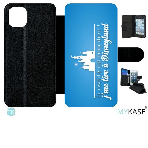 Etui  Rabat Iphone 11 Pro Max - La Realite Est Tropdure Jme Tire A Disney Fond Turquoise - Simili-Cuir - Noir