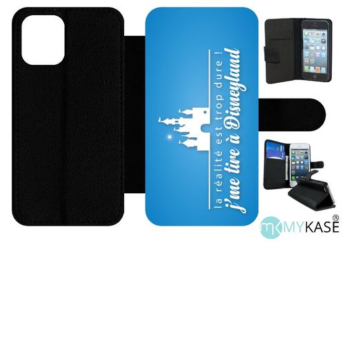 Etui  Rabat Iphone 12 Mini - La Realite Est Tropdure Jme Tire A Disney Fond Turquoise - Simili-Cuir - Noir