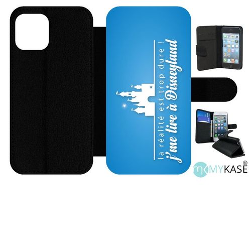 Etui  Rabat Iphone 12 - La Realite Est Tropdure Jme Tire A Disney Fond Turquoise - Simili-Cuir - Noir