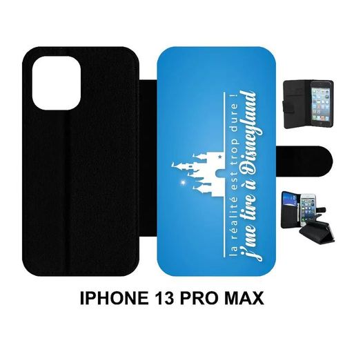 Etui  Rabat Iphone 13 Pro Max - La Realite Est Tropdure Jme Tire A Disney Fond Turquoise - Simili-Cuir - Noir