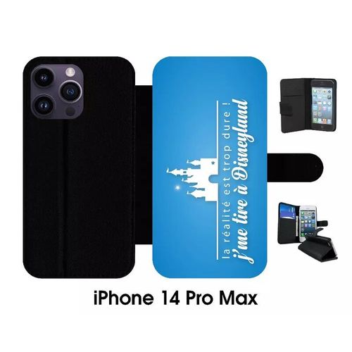 Etui  Rabat Iphone 14 Pro Max - La Realite Est Tropdure Jme Tire A Disney Fond Turquoise - Simili-Cuir - Noir
