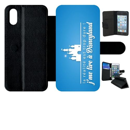 Etui A Rabat - La Realite Est Tropdure Jme Tire A Disney Fond Turquoise - Compatible Avec Apple Iphone X - Simili-Cuir - Bord Noir