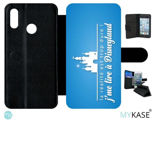 Etui A Rabat - La Realite Est Tropdure Jme Tire A Disney Fond Turquoise - Compatible Avec Huawei P Smart 2019 - Simili-Cuir - Bord Noir
