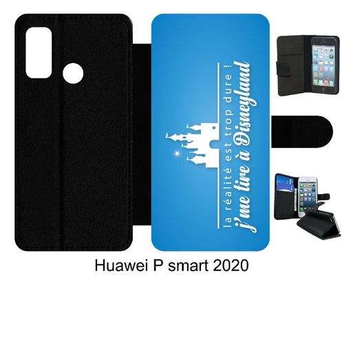 Etui  Rabat Huawei P Smart 2020 - La Realite Est Tropdure Jme Tire A Disney Fond Turquoise - Simili-Cuir - Noir