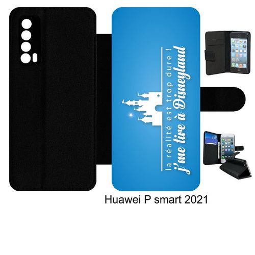 Etui  Rabat Huawei P Smart 2021 - La Realite Est Tropdure Jme Tire A Disney Fond Turquoise - Simili-Cuir - Noir