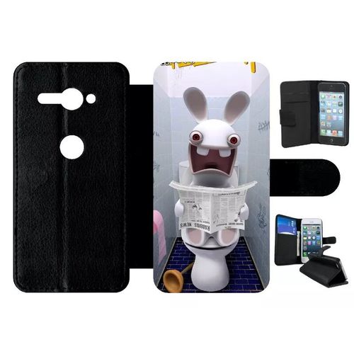Etui A Rabat - Lapin Cretin Au Toilette - Compatible Avec Sony Xperia Xz2 Compact - Simili-Cuir - Bord Noir
