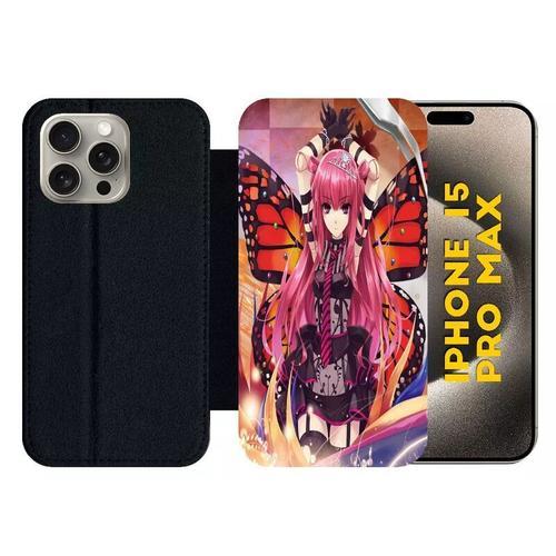 Etui  Rabat Pour Iphone 15 Pro Max - Fille Manga Rose - Silicone - Noir