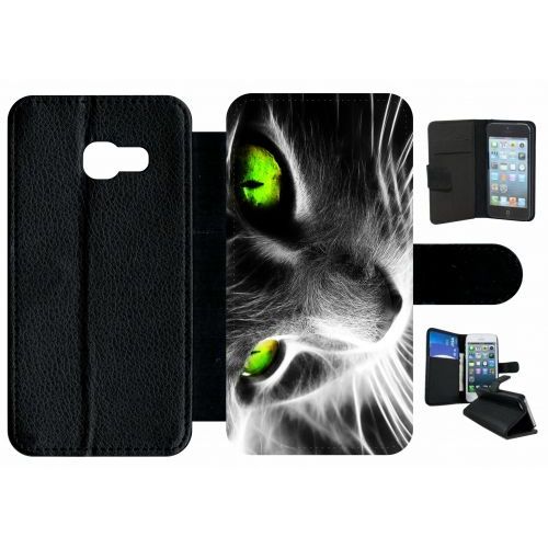 Etui  Rabat Galaxy A3 (2017) - Chat Noir Et Blanc Yeux Vert - Simili-Cuir - Noir