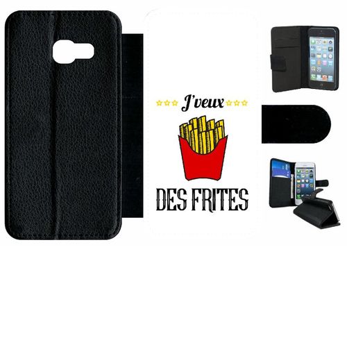 Etui A Rabat - J Veux Des Frites Fond Blanc - Compatible Avec Samsung Galaxy A3 (2017) - Simili-Cuir - Bord Noir