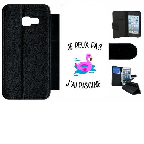 Etui  Rabat Galaxy A3 (2017) - Je Peux Pas J Ai Piscine Bouee Flamand Rose Fond Blanc - Simili-Cuir - Noir